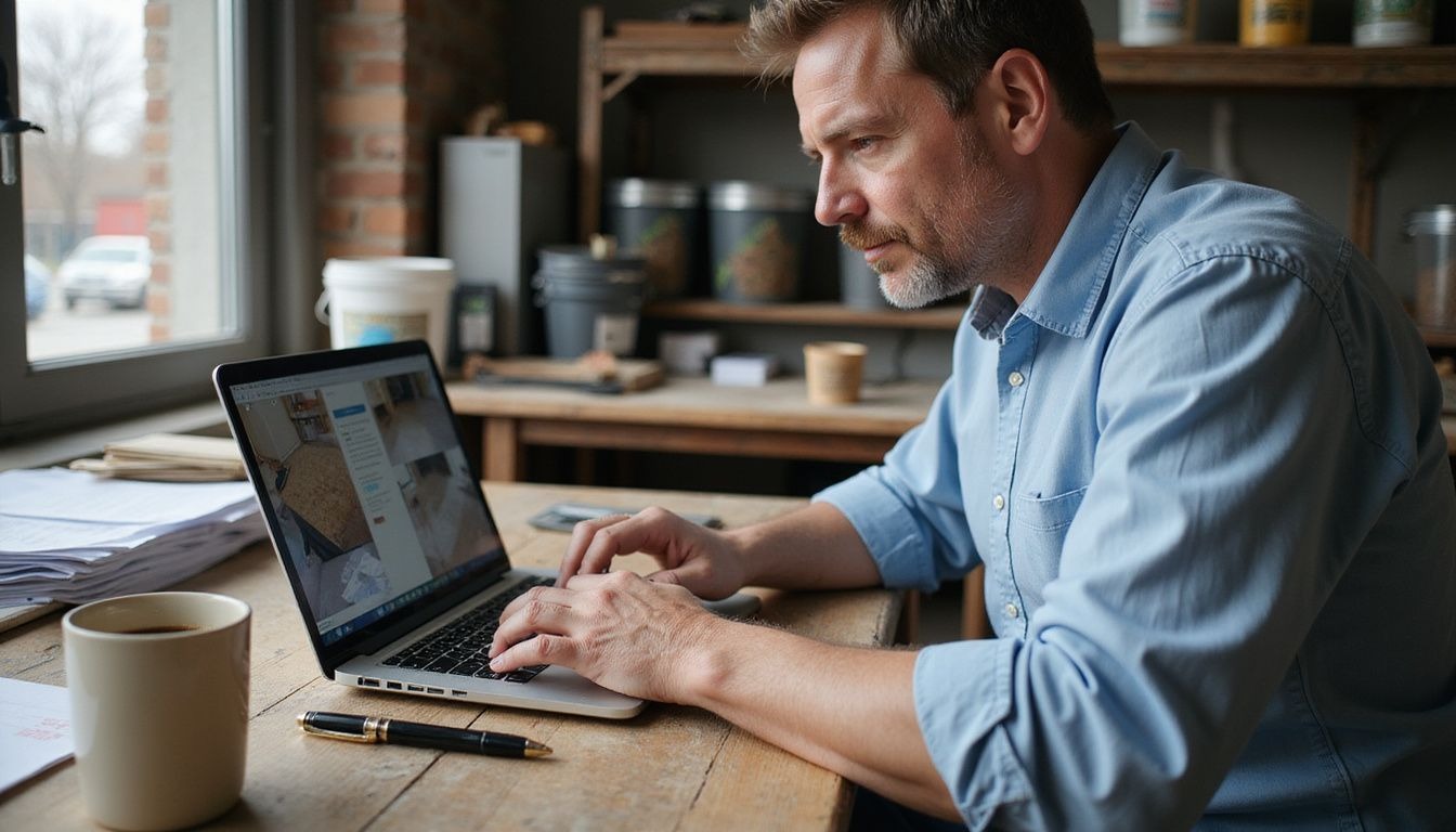 man sitting at a desk, using a laptop